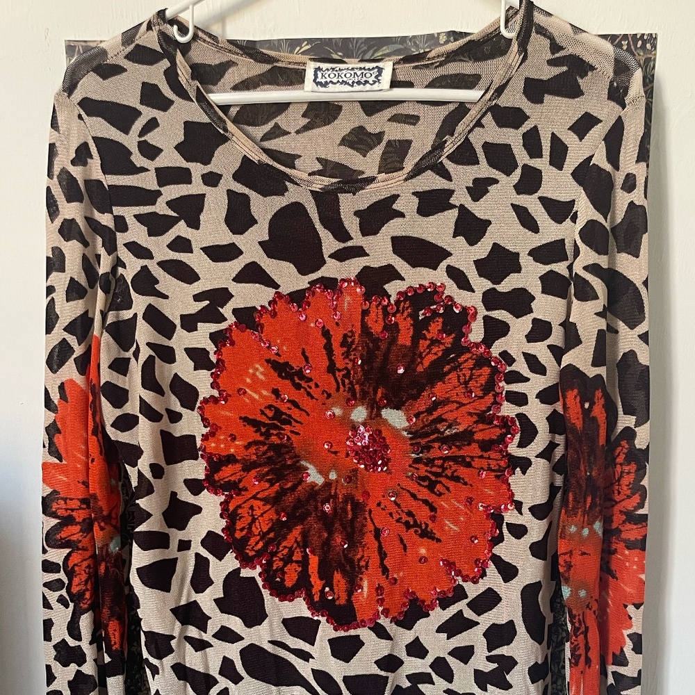 Kokomo Mesh Top Y2K Floral Sequin Sheer Long Sleeve | Animal Print | Size M